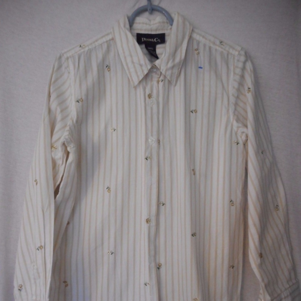 Size S Denim & Co White Tan Striped Blouse